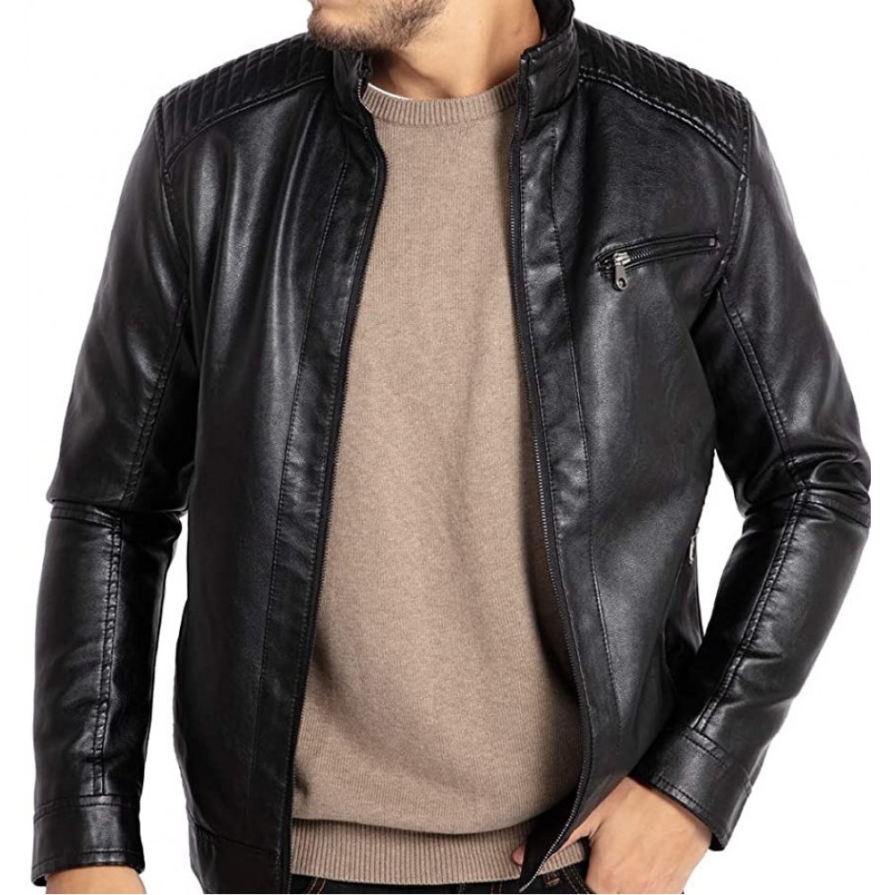 Men's Stand Collar Leather Jacket Motorcycle