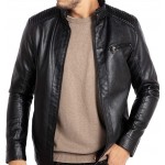 Men's Stand Collar Leather Jacket Motorcycle