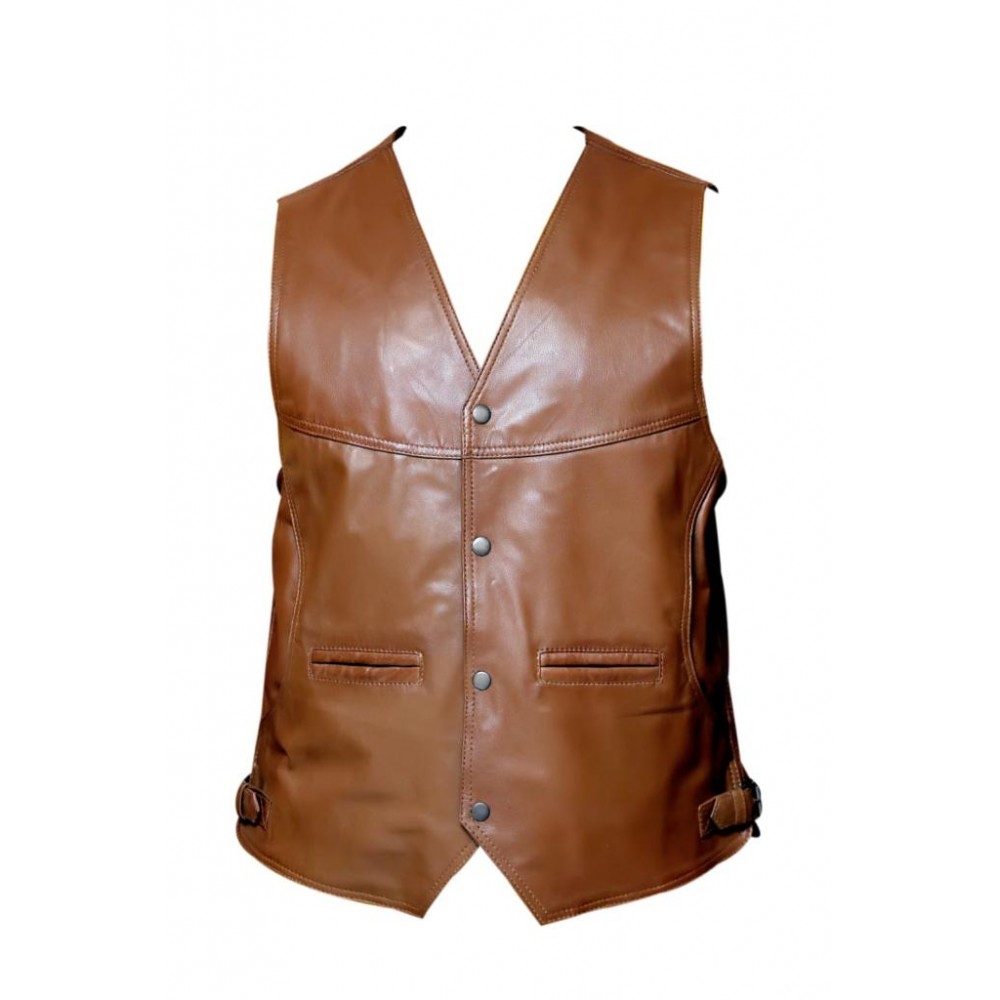Mens Polo Vest Genuine Leather Jacket In Brown Color