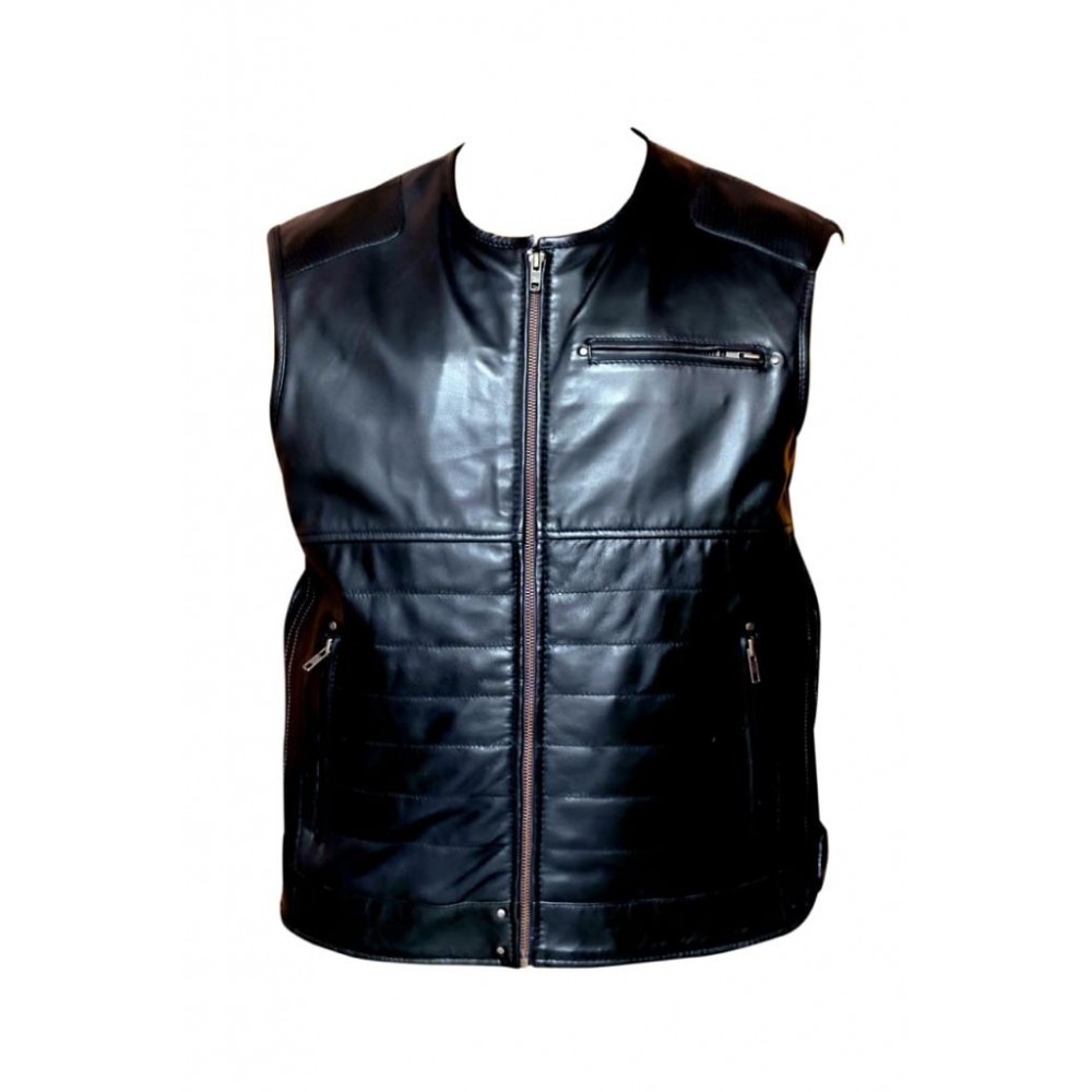 Top Class Sleeveless Biker Leather Jacket In Black 
