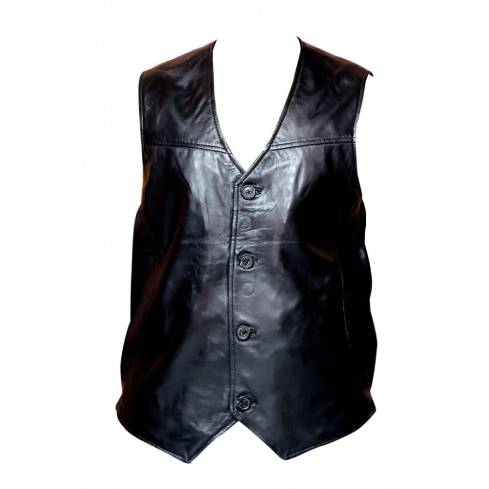 Men's Real Leather Vest Jacket In Black Simple Design 