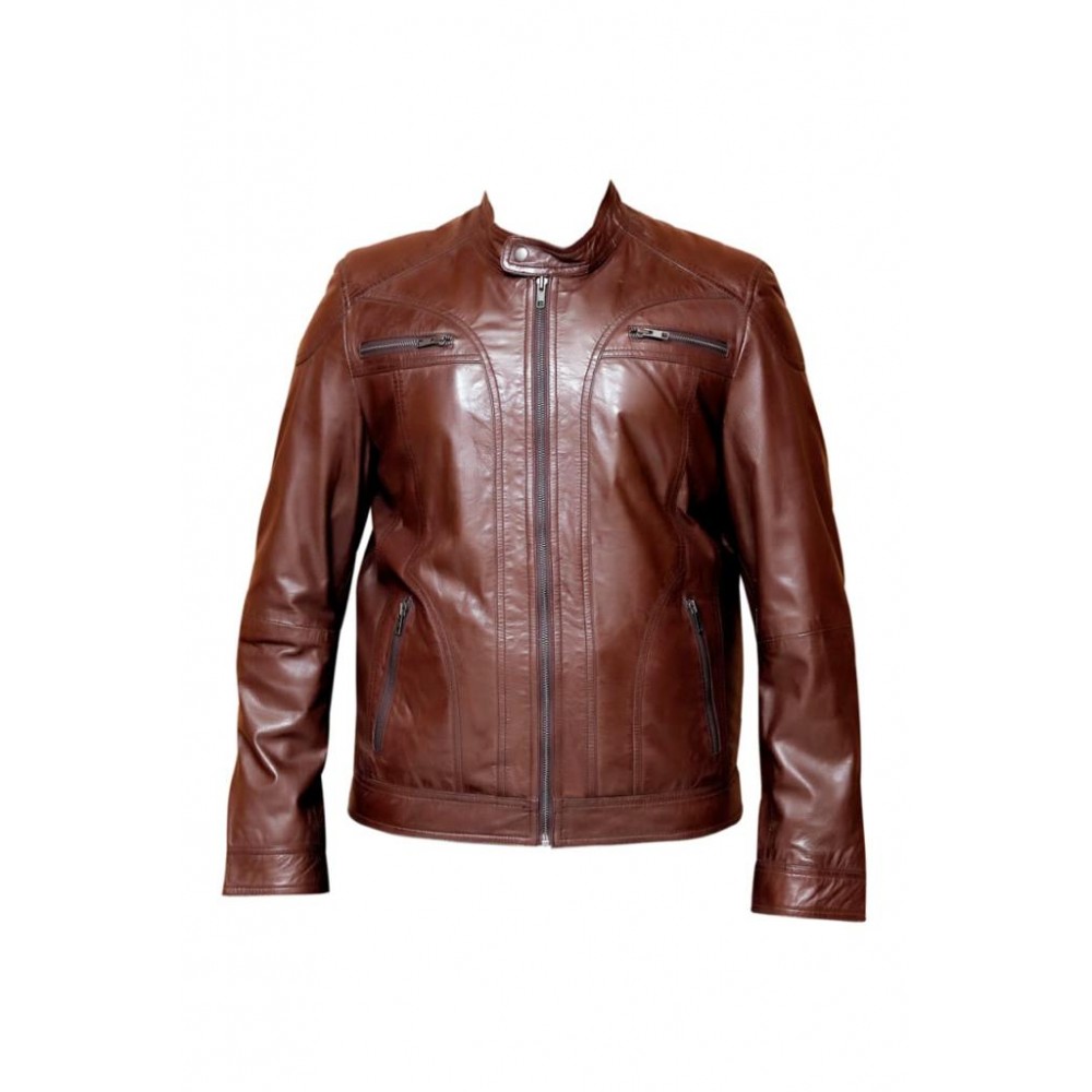 Men's Real Leather Biker Jacket In Dark Brown 