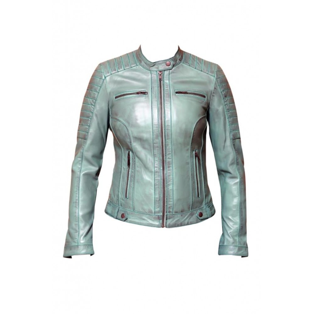 Thena Women's Biker Leather Jacket In Quilted Shoulders