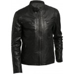 Vogo- Biker Mens Real Lambskin Leather Jacket With Buckle Strap Collar