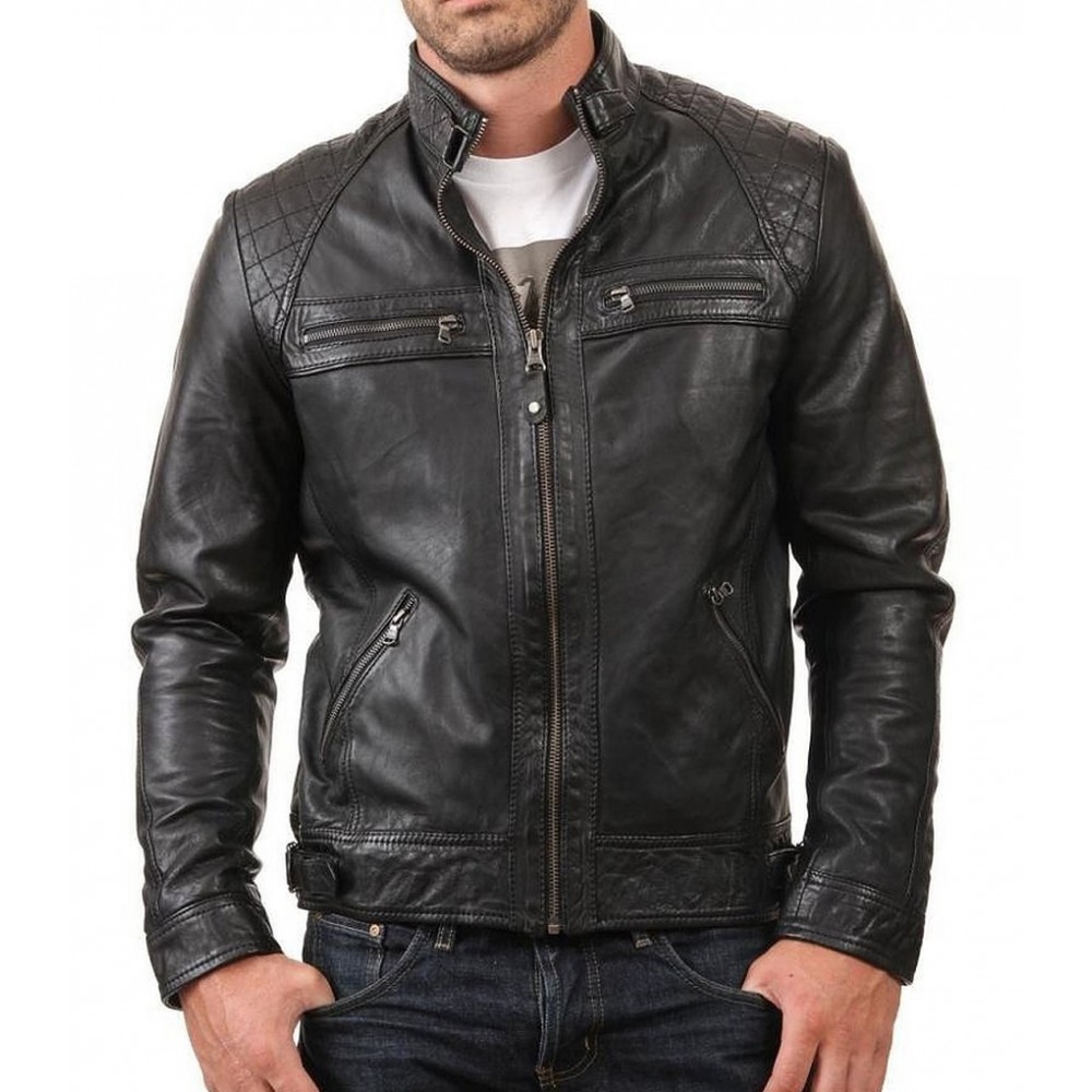 Retro Style Real Leather Jacket With Quilted Shoulders
