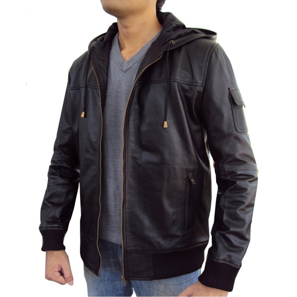Jazy Bomber Genuine Lambskin Leather Jacket With Fixed Hoodie