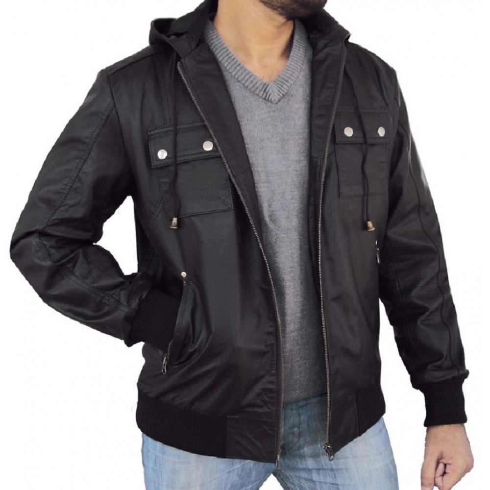 Solo- Bomber Jacket With Fixed Hoodie in Black Color