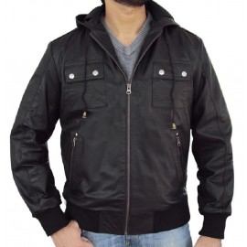 Solo- Bomber Jacket With Fixed Hoodie in Black Color