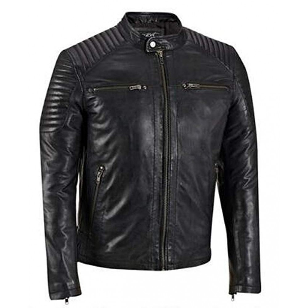 Cafe Racer Biker Real Leather Jacket With Quilted Shoulders